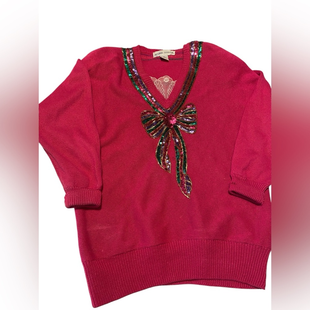 VTG Women’s 1980s Beaded Sequin Sweater Small berry Color Victoria Harbour Bow